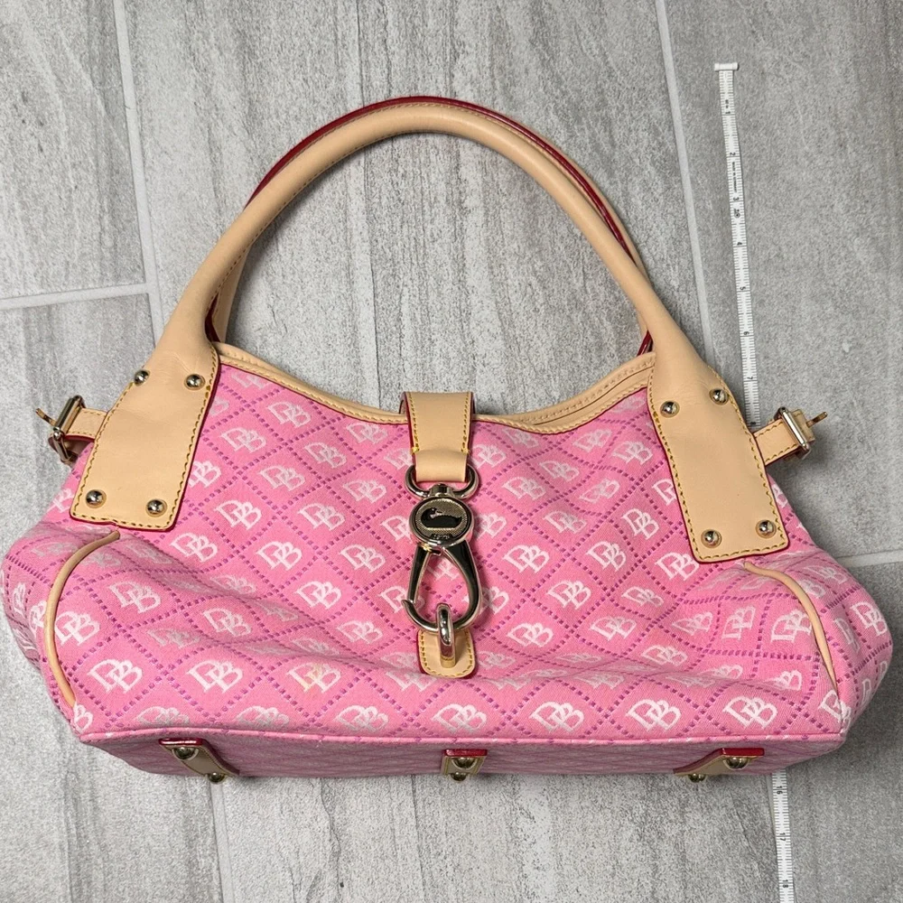 Dooney & Bourke Pink DB Monogram Canvas Satchel Leather Trim Hook Closure - Picture 10 of 11